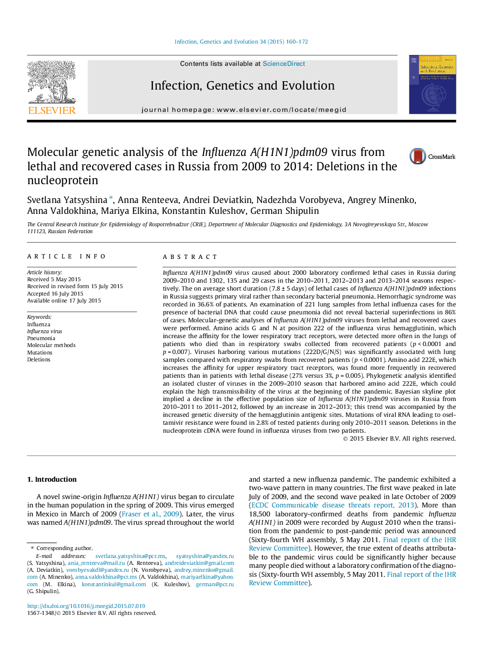 Molecular genetic analysis of the Influenza A(H1N1)pdm09 virus from lethal and recovered cases in Russia from 2009 to 2014: Deletions in the nucleoprotein