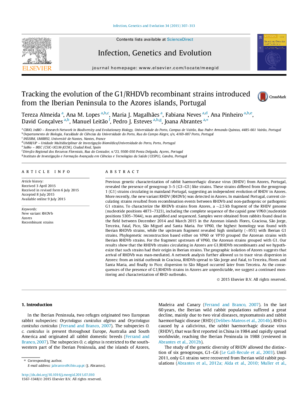 Tracking the evolution of the G1/RHDVb recombinant strains introduced from the Iberian Peninsula to the Azores islands, Portugal