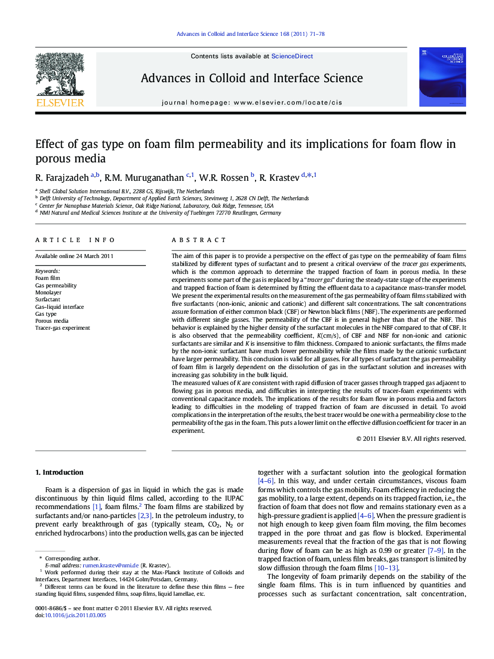 Effect of gas type on foam film permeability and its implications for foam flow in porous media