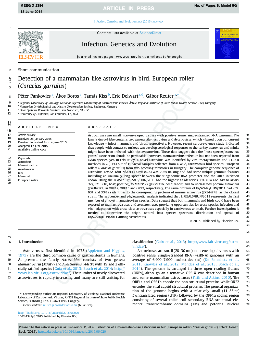 Detection of a mammalian-like astrovirus in bird, European roller (Coracias garrulus)