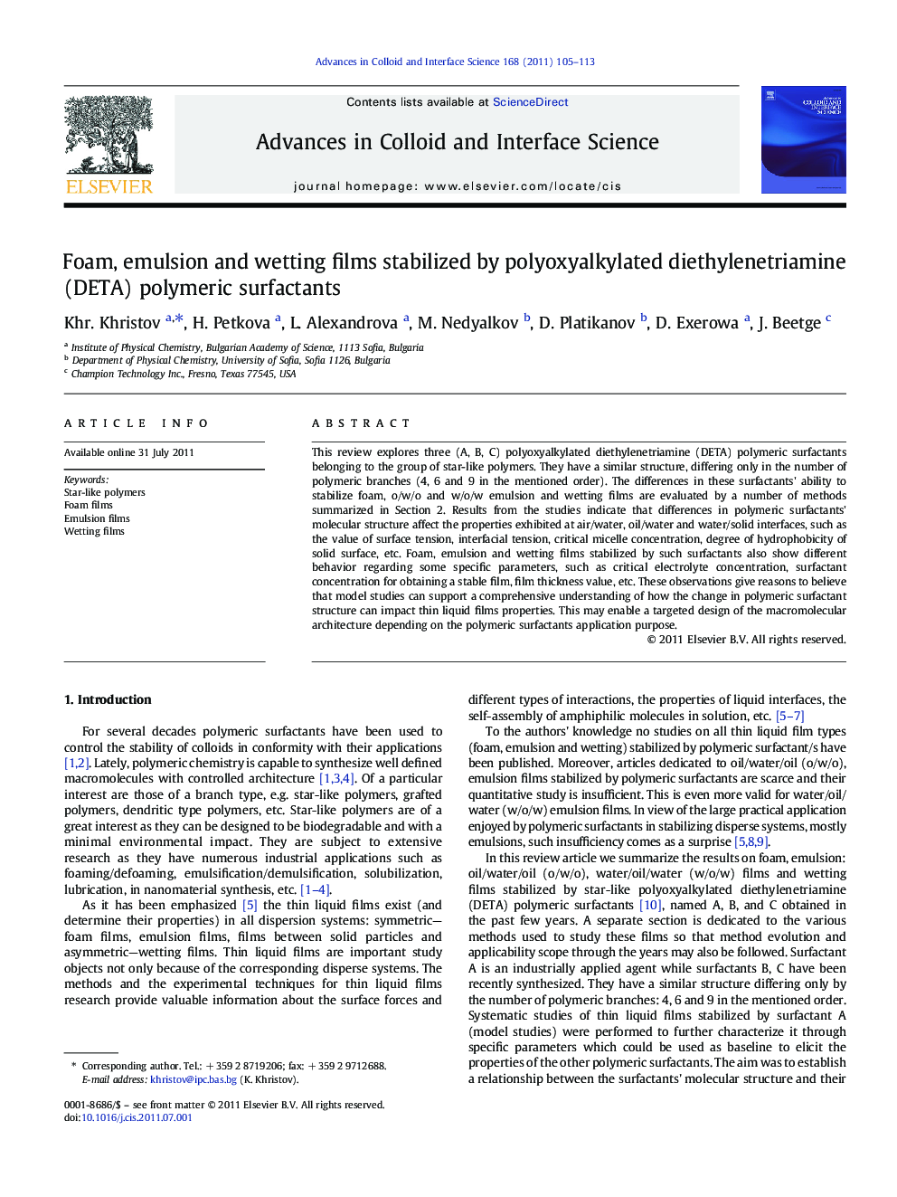 Foam, emulsion and wetting films stabilized by polyoxyalkylated diethylenetriamine (DETA) polymeric surfactants