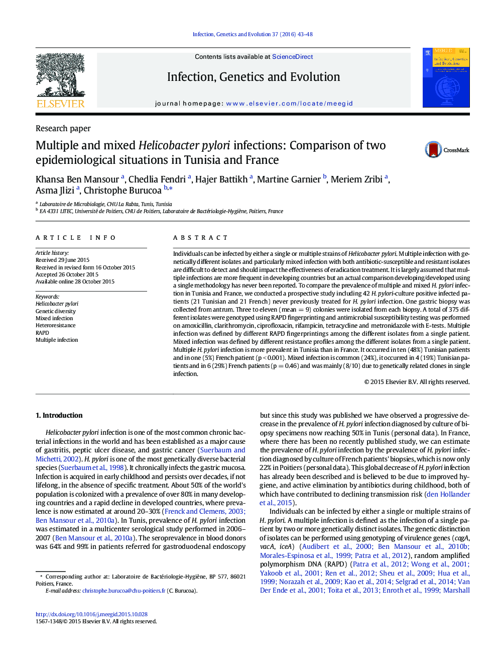 Multiple and mixed Helicobacter pylori infections: Comparison of two epidemiological situations in Tunisia and France