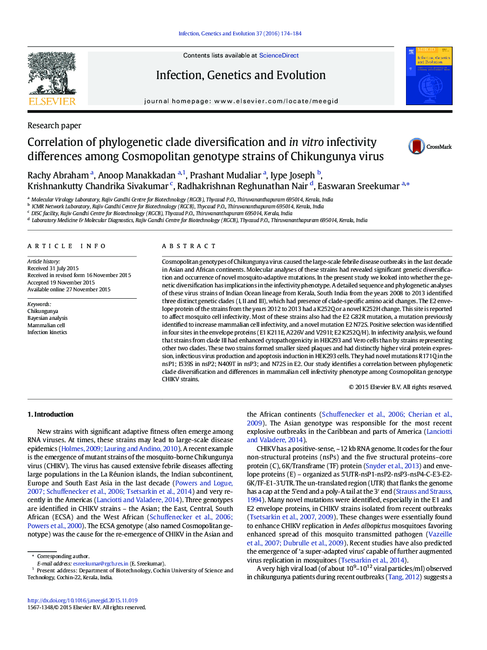 Correlation of phylogenetic clade diversification and in vitro infectivity differences among Cosmopolitan genotype strains of Chikungunya virus