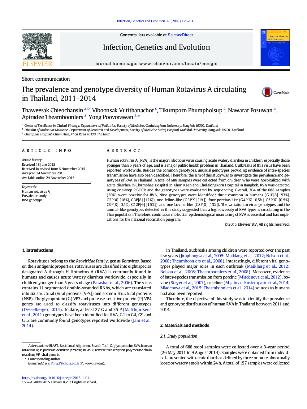 The prevalence and genotype diversity of Human Rotavirus A circulating in Thailand, 2011-2014