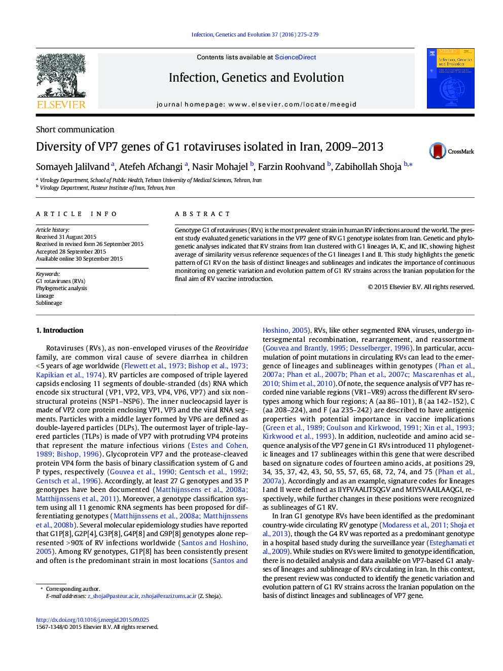 Diversity of VP7 genes of G1 rotaviruses isolated in Iran, 2009-2013