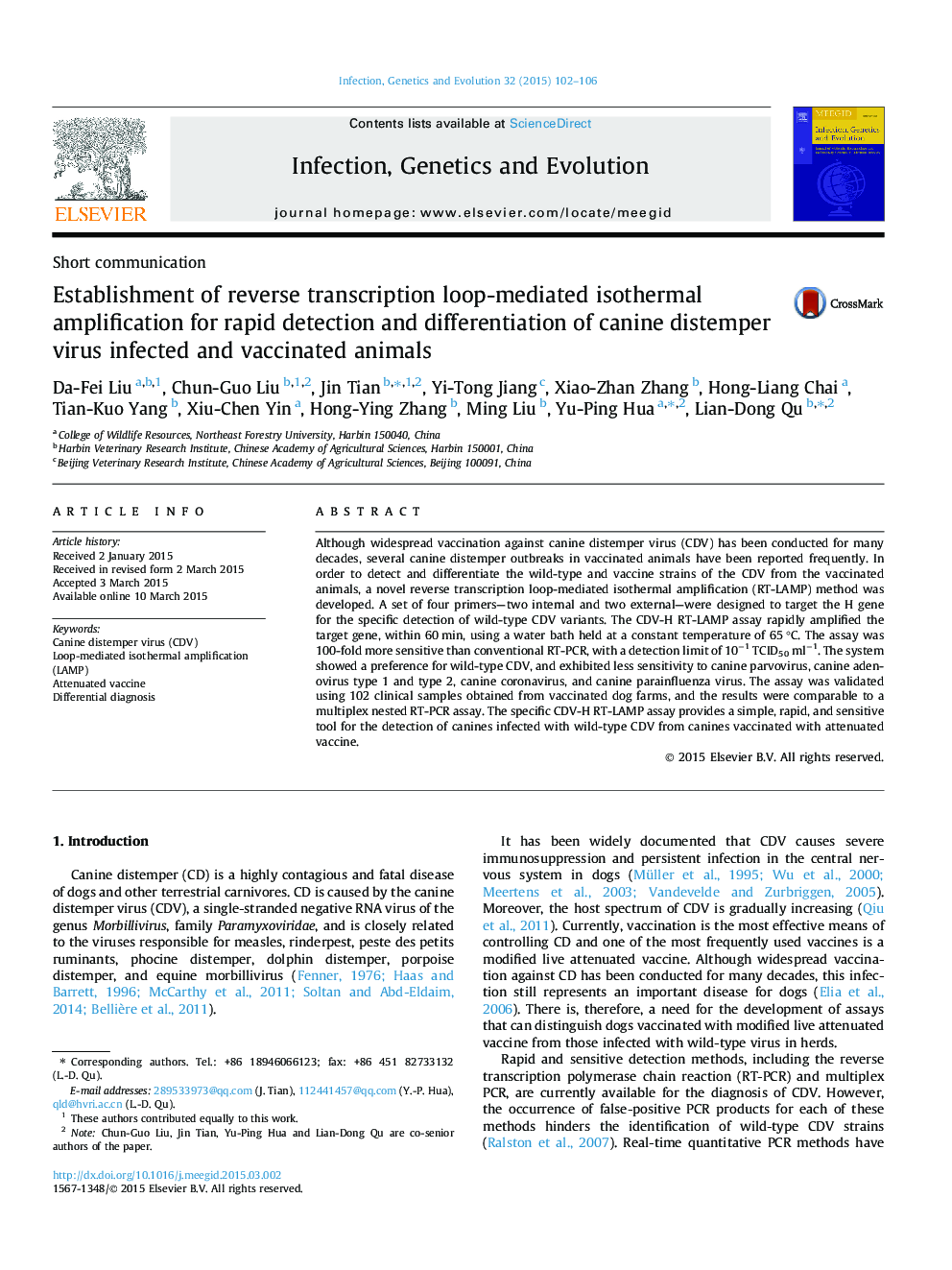 Establishment of reverse transcription loop-mediated isothermal amplification for rapid detection and differentiation of canine distemper virus infected and vaccinated animals