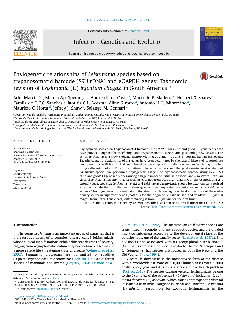 Phylogenetic relationships of Leishmania species based on trypanosomatid barcode (SSU rDNA) and gGAPDH genes: Taxonomic revision of Leishmania (L.) infantum chagasi in South America