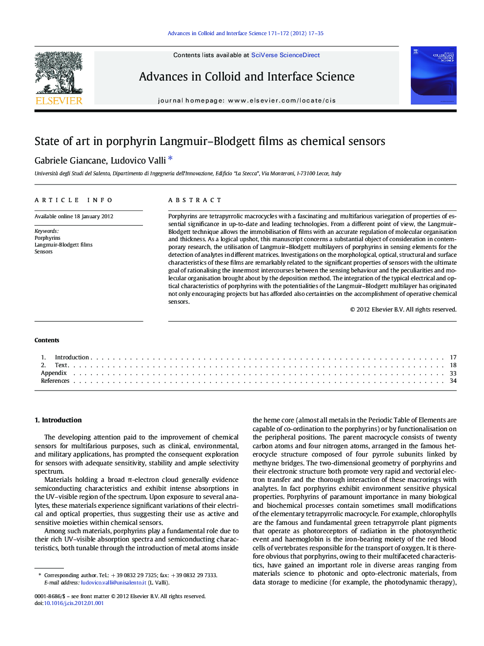 State of art in porphyrin Langmuir–Blodgett films as chemical sensors