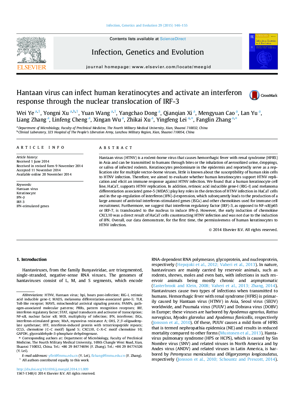 Hantaan virus can infect human keratinocytes and activate an interferon response through the nuclear translocation of IRF-3