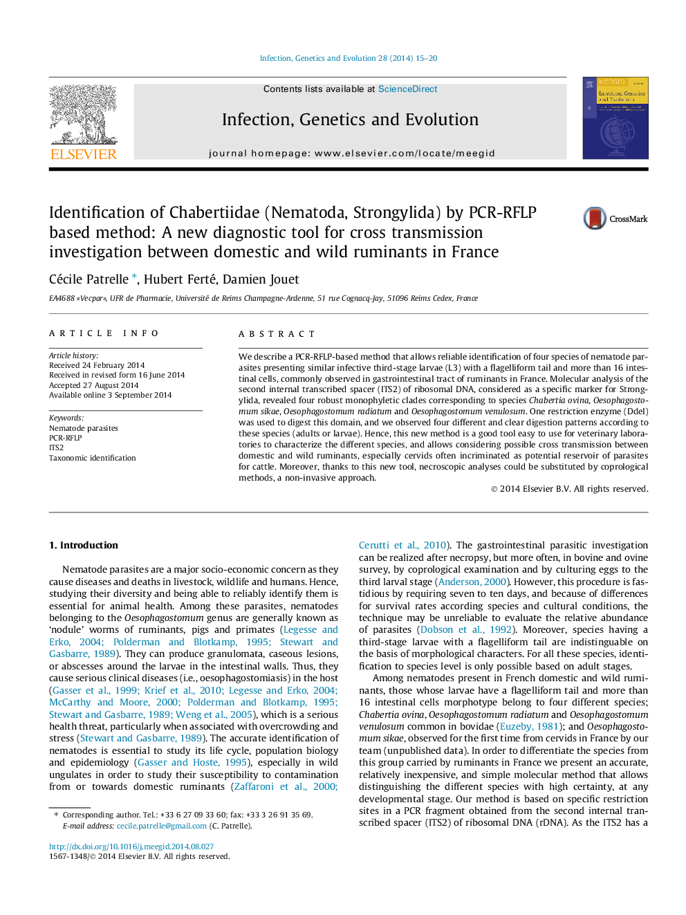 Identification of Chabertiidae (Nematoda, Strongylida) by PCR-RFLP based method: A new diagnostic tool for cross transmission investigation between domestic and wild ruminants in France