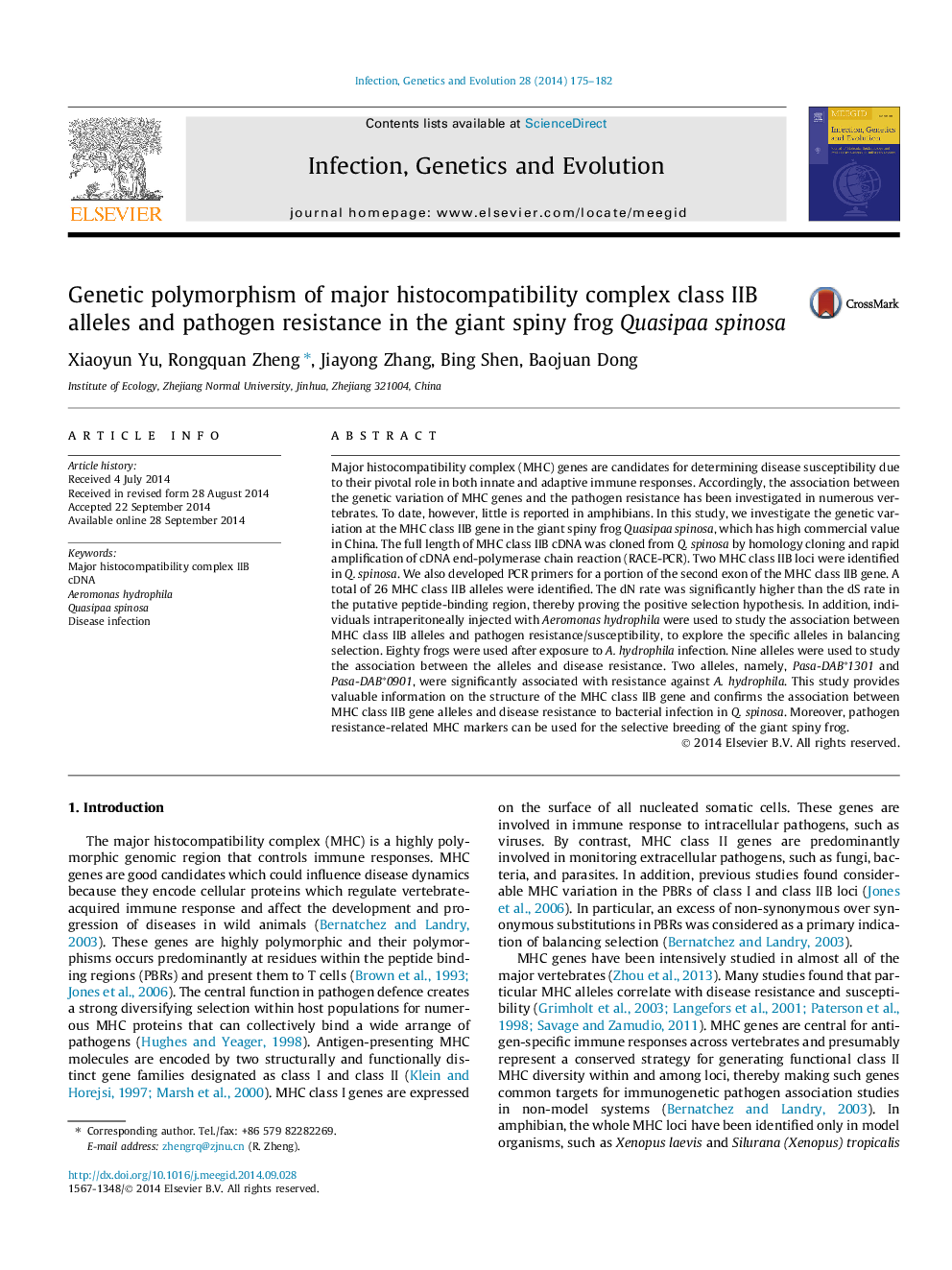 Genetic polymorphism of major histocompatibility complex class IIB alleles and pathogen resistance in the giant spiny frog Quasipaa spinosa