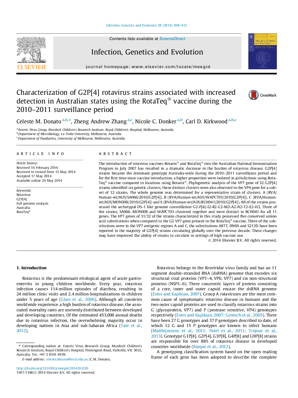 Characterization of G2P[4] rotavirus strains associated with increased detection in Australian states using the RotaTeq® vaccine during the 2010-2011 surveillance period