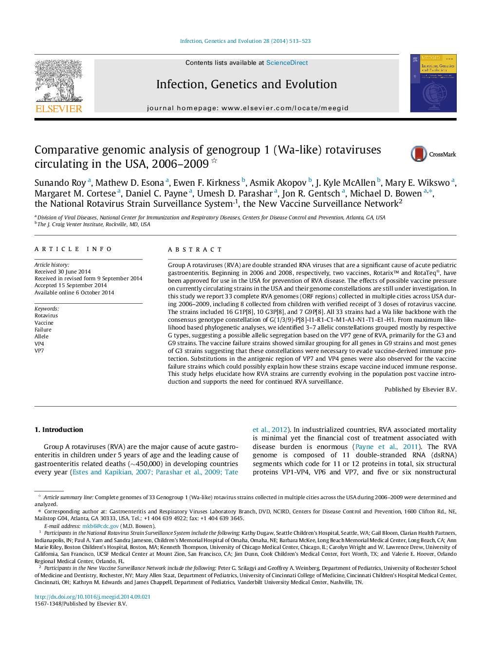 Comparative genomic analysis of genogroup 1 (Wa-like) rotaviruses circulating in the USA, 2006-2009