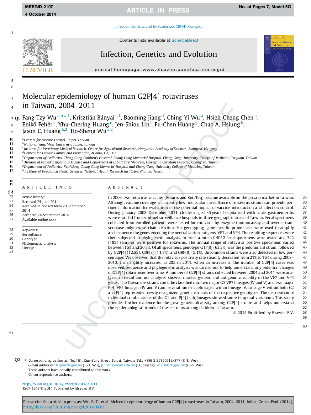 Molecular epidemiology of human G2P[4] rotaviruses in Taiwan, 2004-2011