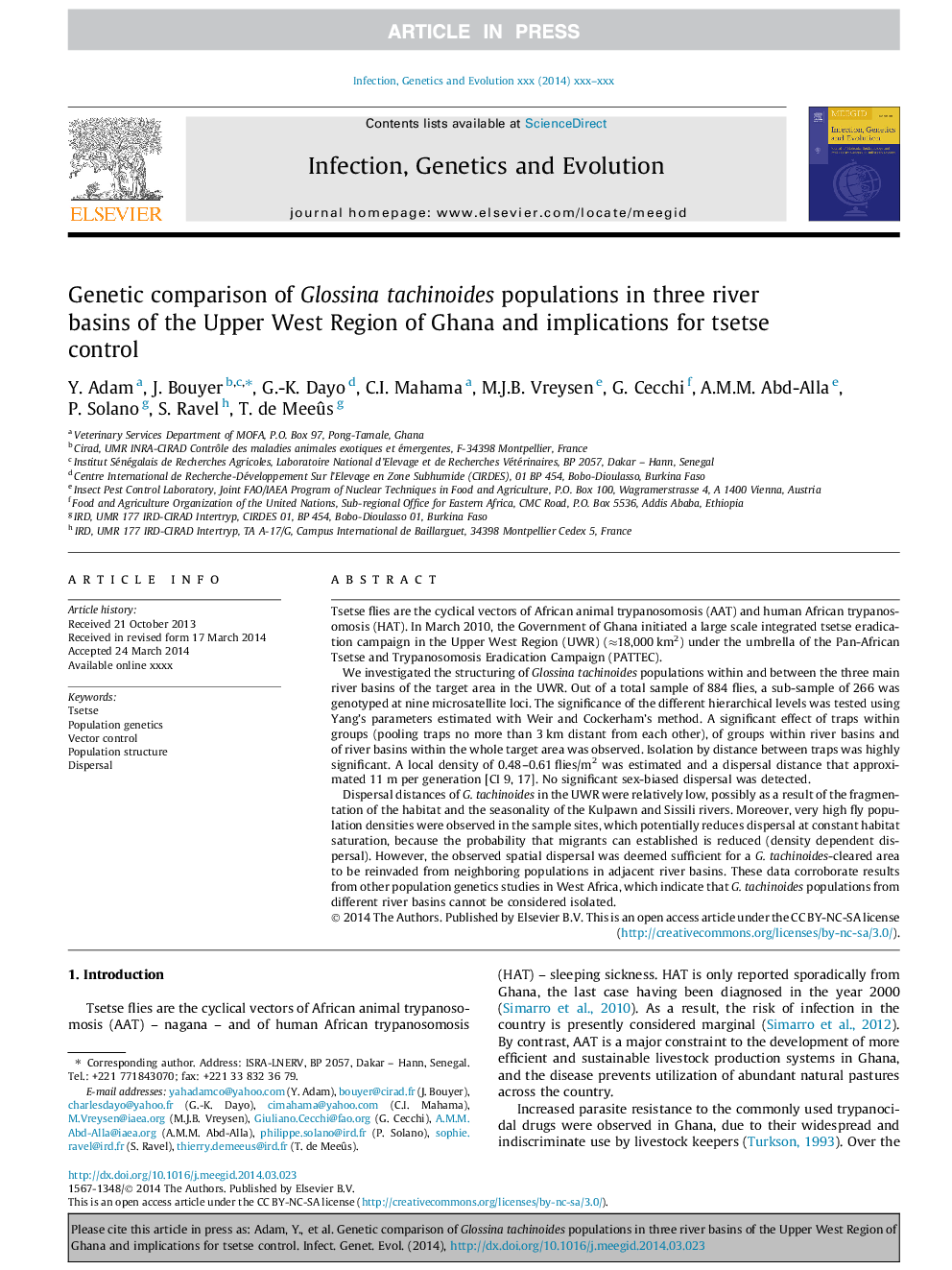 Genetic comparison of Glossina tachinoides populations in three river basins of the Upper West Region of Ghana and implications for tsetse control