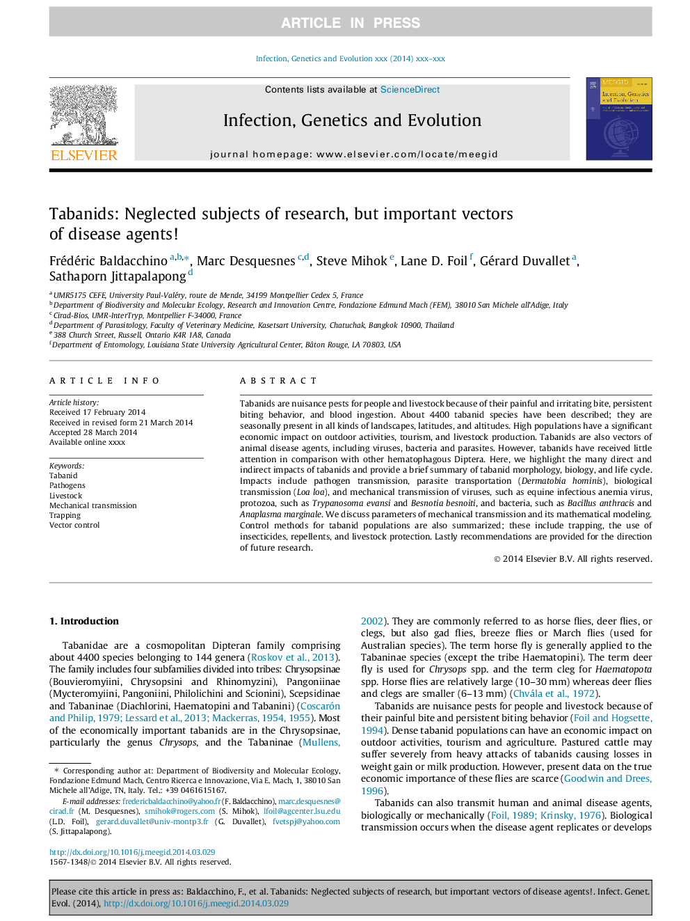 Tabanids: Neglected subjects of research, but important vectors of disease agents!