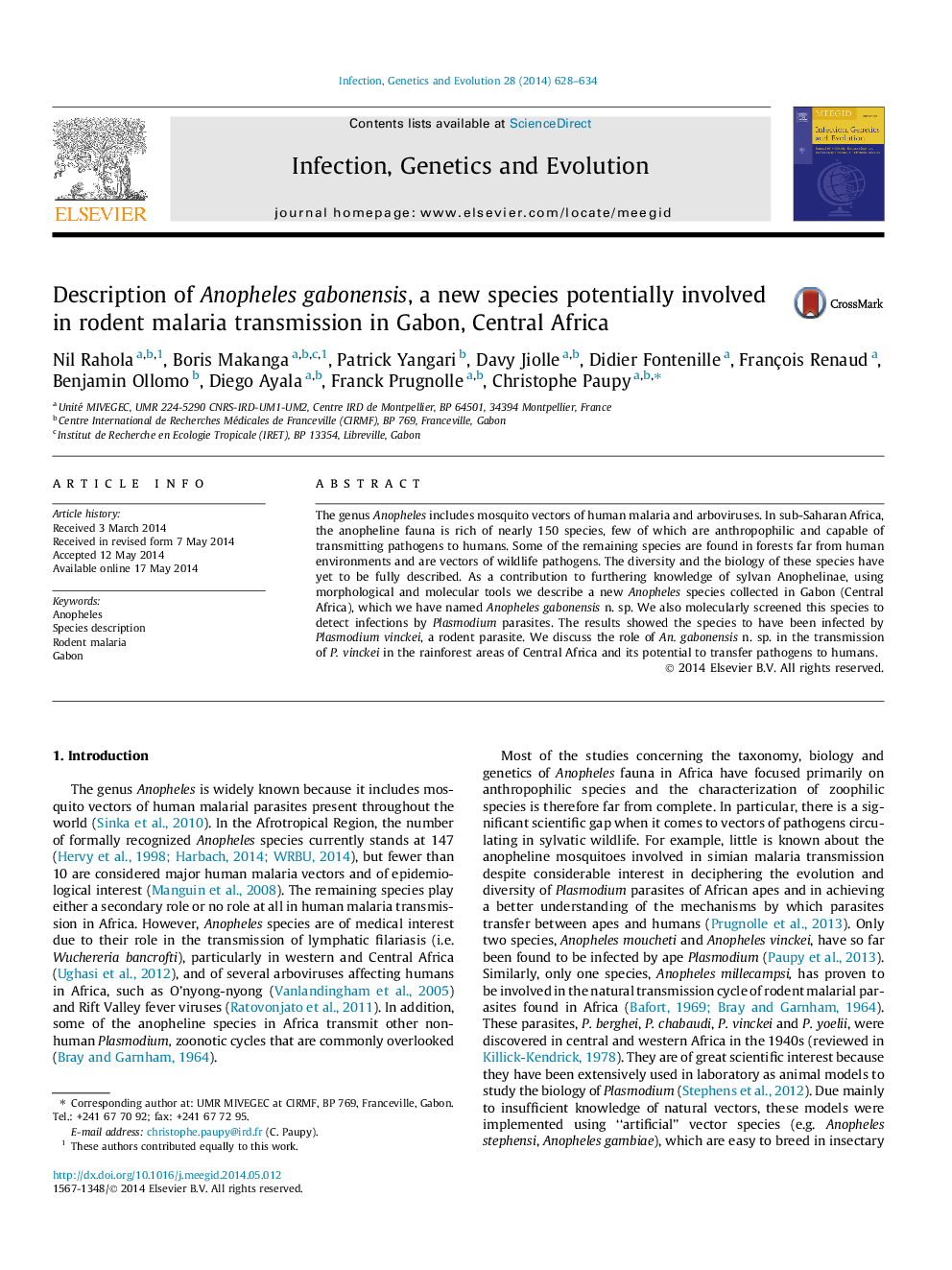 Description of Anopheles gabonensis, a new species potentially involved in rodent malaria transmission in Gabon, Central Africa