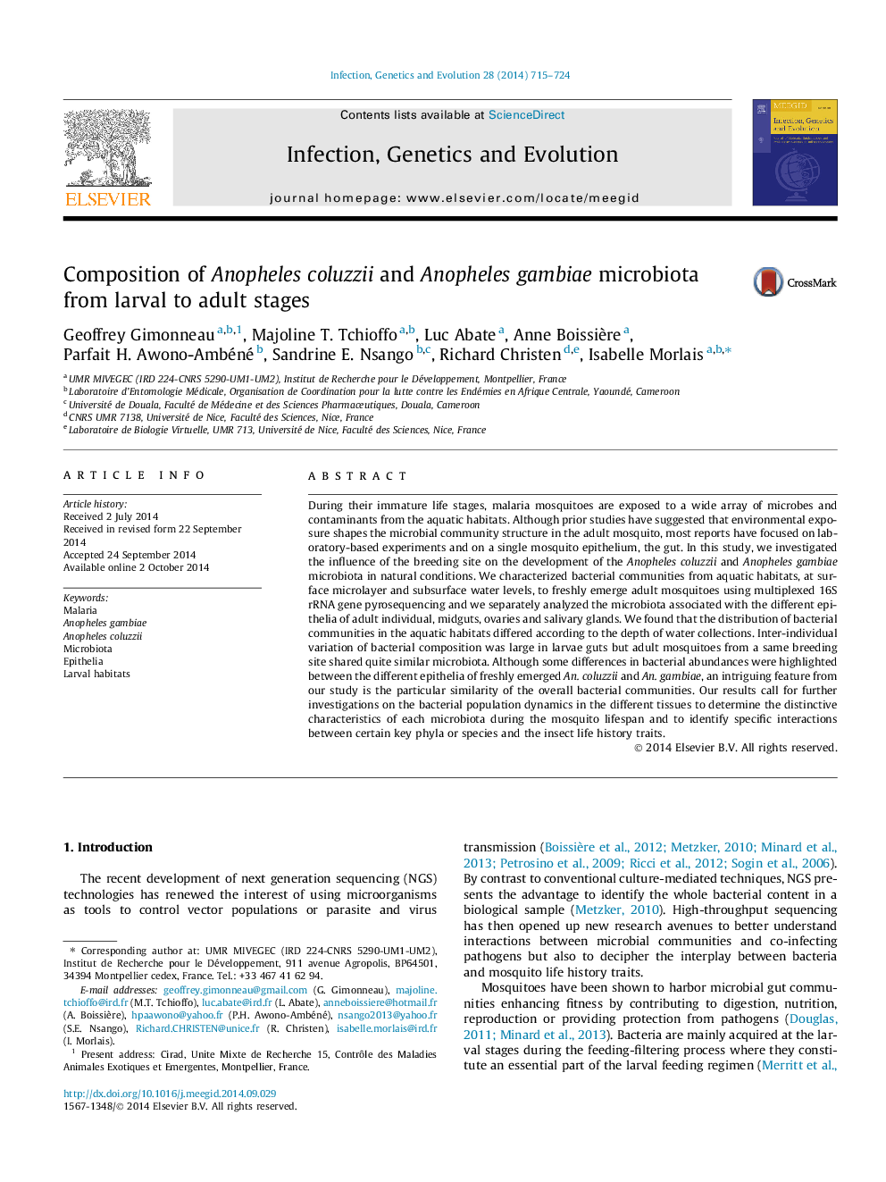 Composition of Anopheles coluzzii and Anopheles gambiae microbiota from larval to adult stages