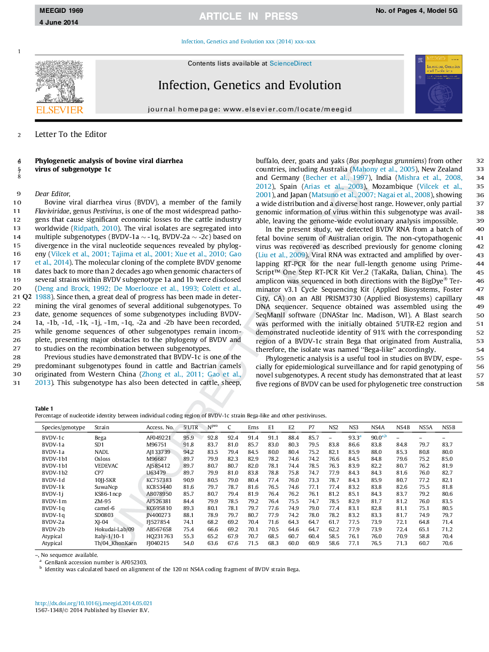 Phylogenetic analysis of bovine viral diarrhea virus of subgenotype 1c