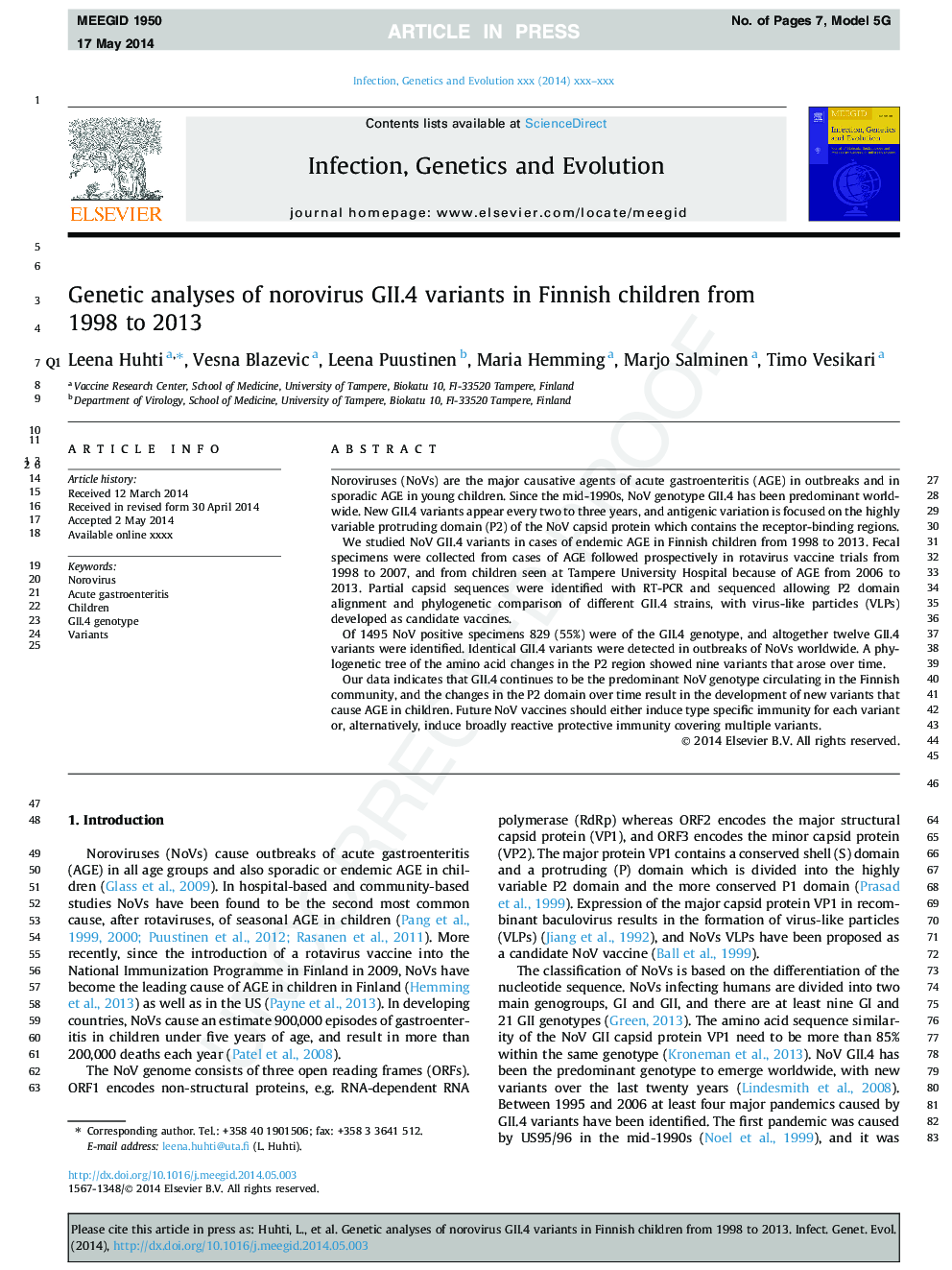 Genetic analyses of norovirus GII.4 variants in Finnish children from 1998 to 2013