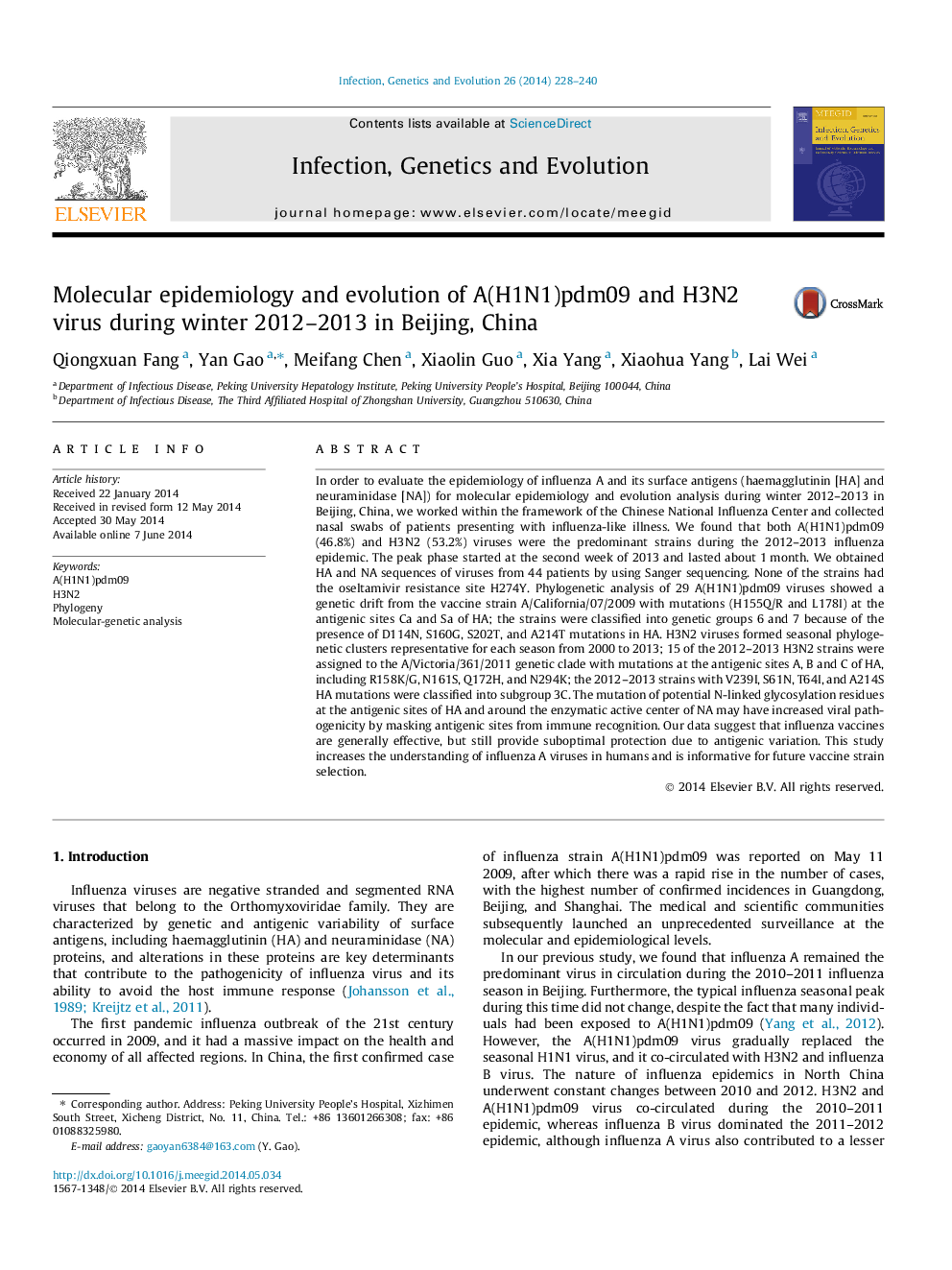 Molecular epidemiology and evolution of A(H1N1)pdm09 and H3N2 virus during winter 2012-2013 in Beijing, China