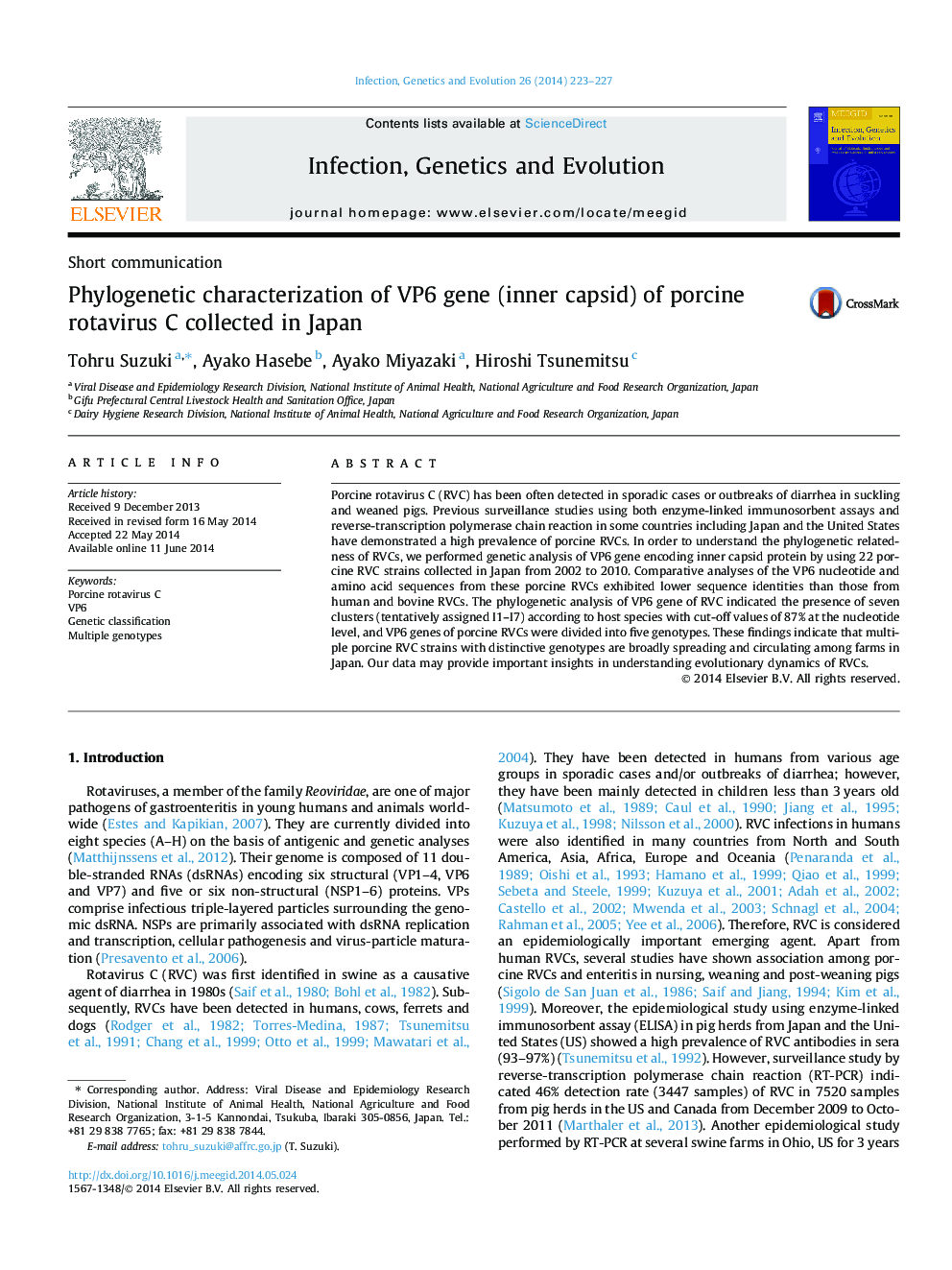 Phylogenetic characterization of VP6 gene (inner capsid) of porcine rotavirus C collected in Japan