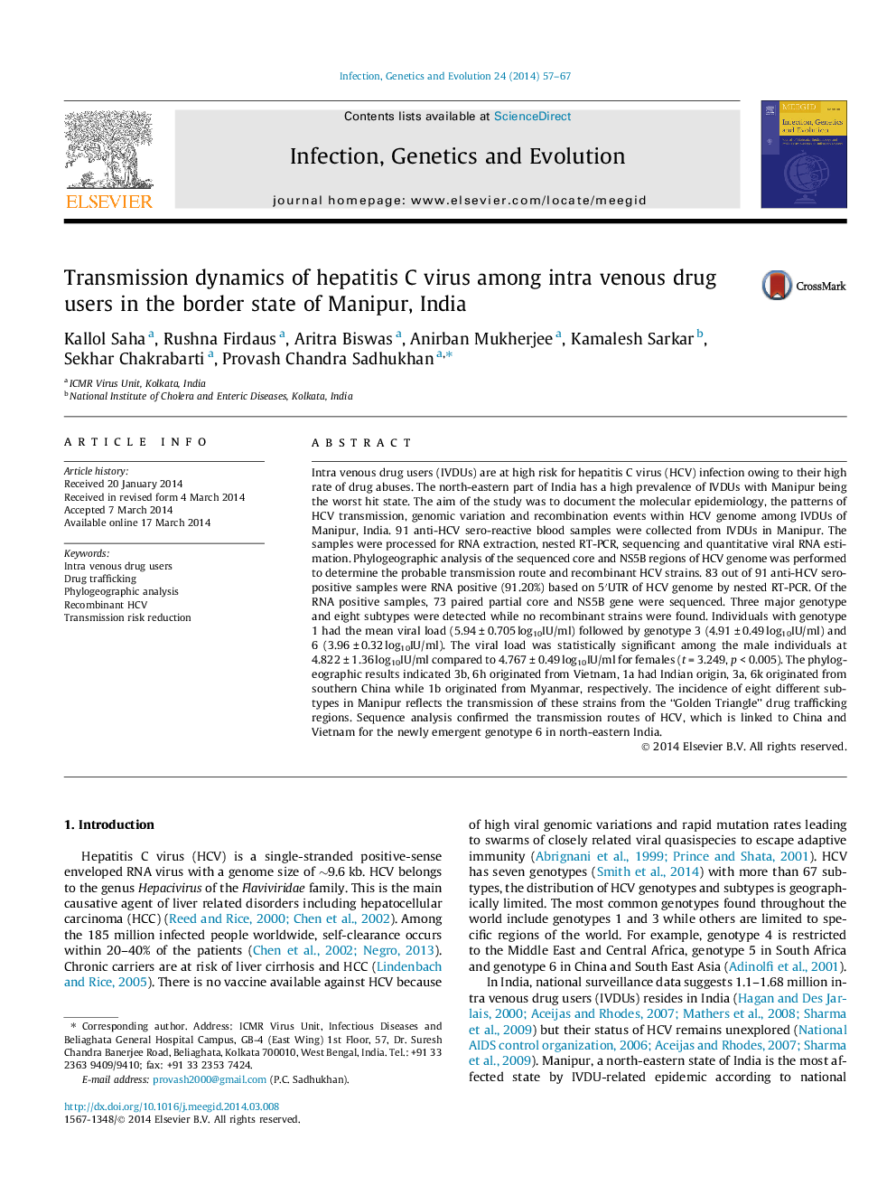 Transmission dynamics of hepatitis C virus among intra venous drug users in the border state of Manipur, India