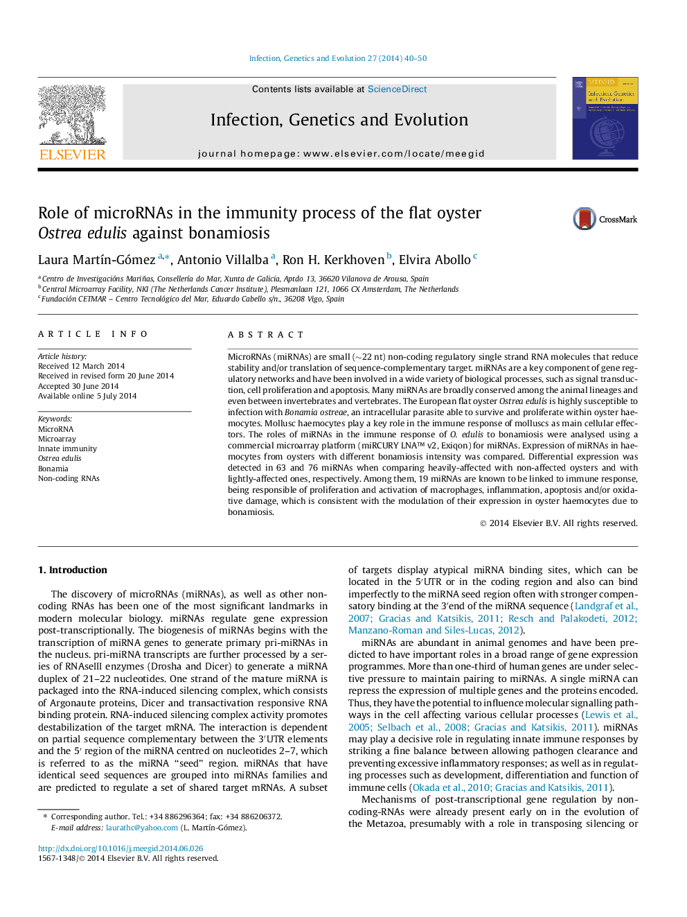 عکس صفحه اول مقاله: Role of microRNAs in the immunity process of the flat oyster Ostrea edulis against bonamiosis Role of microRNAs in the immunity process of the flat oyster Ostrea edulis against bonamiosis