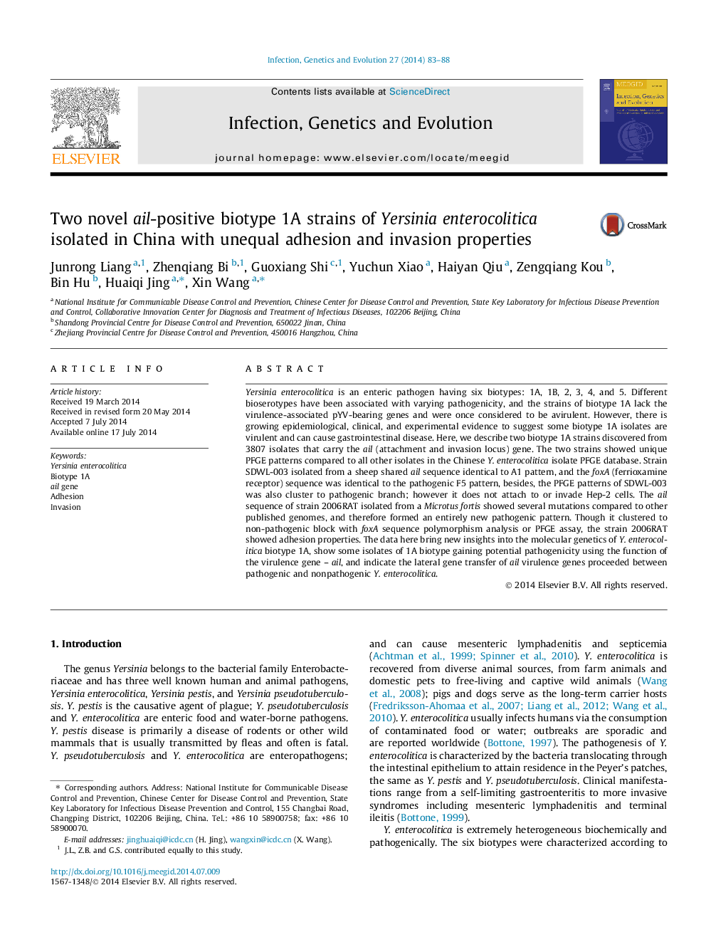 Two novel ail-positive biotype 1A strains of Yersinia enterocolitica isolated in China with unequal adhesion and invasion properties