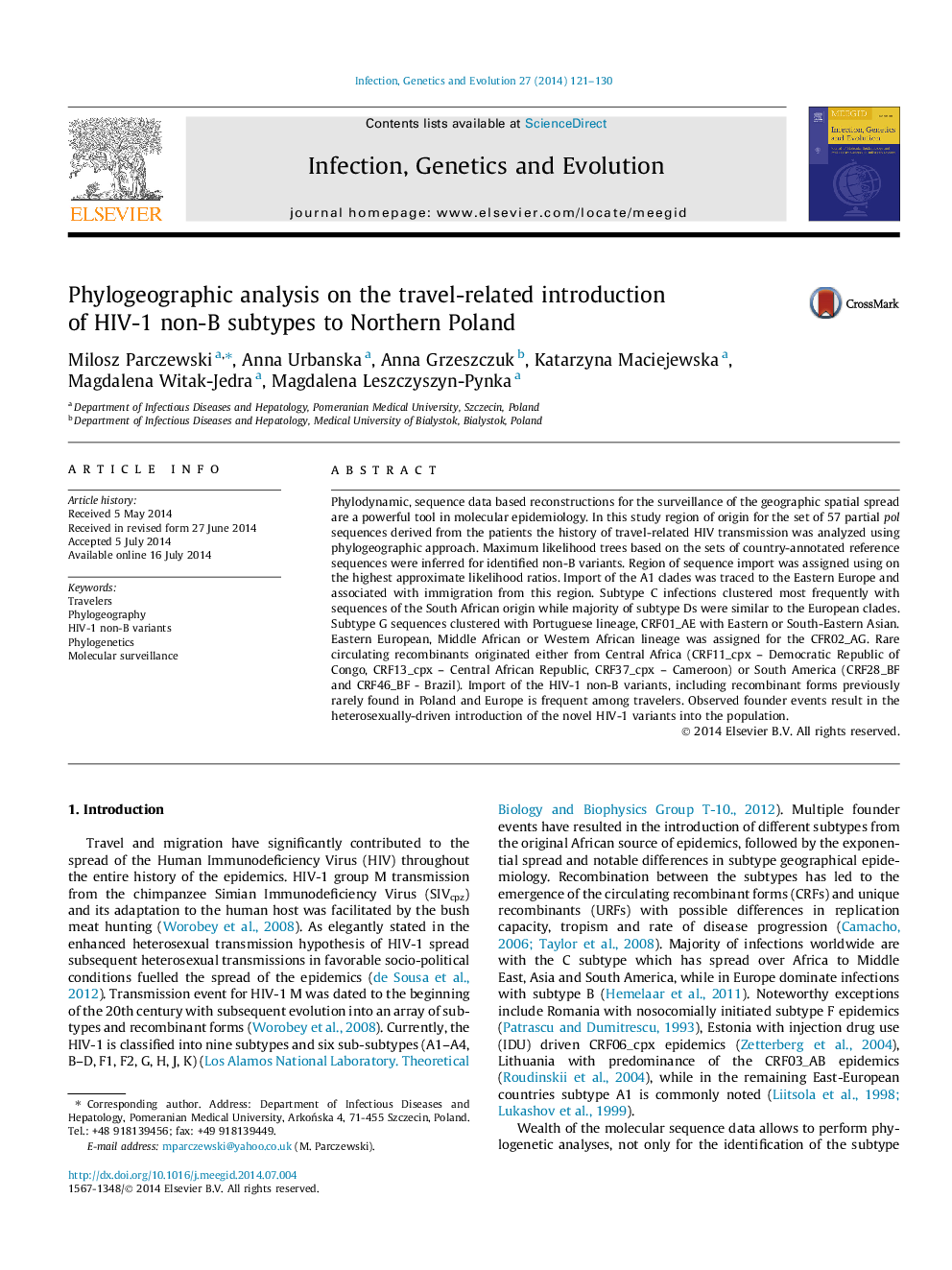 Phylogeographic analysis on the travel-related introduction of HIV-1 non-B subtypes to Northern Poland