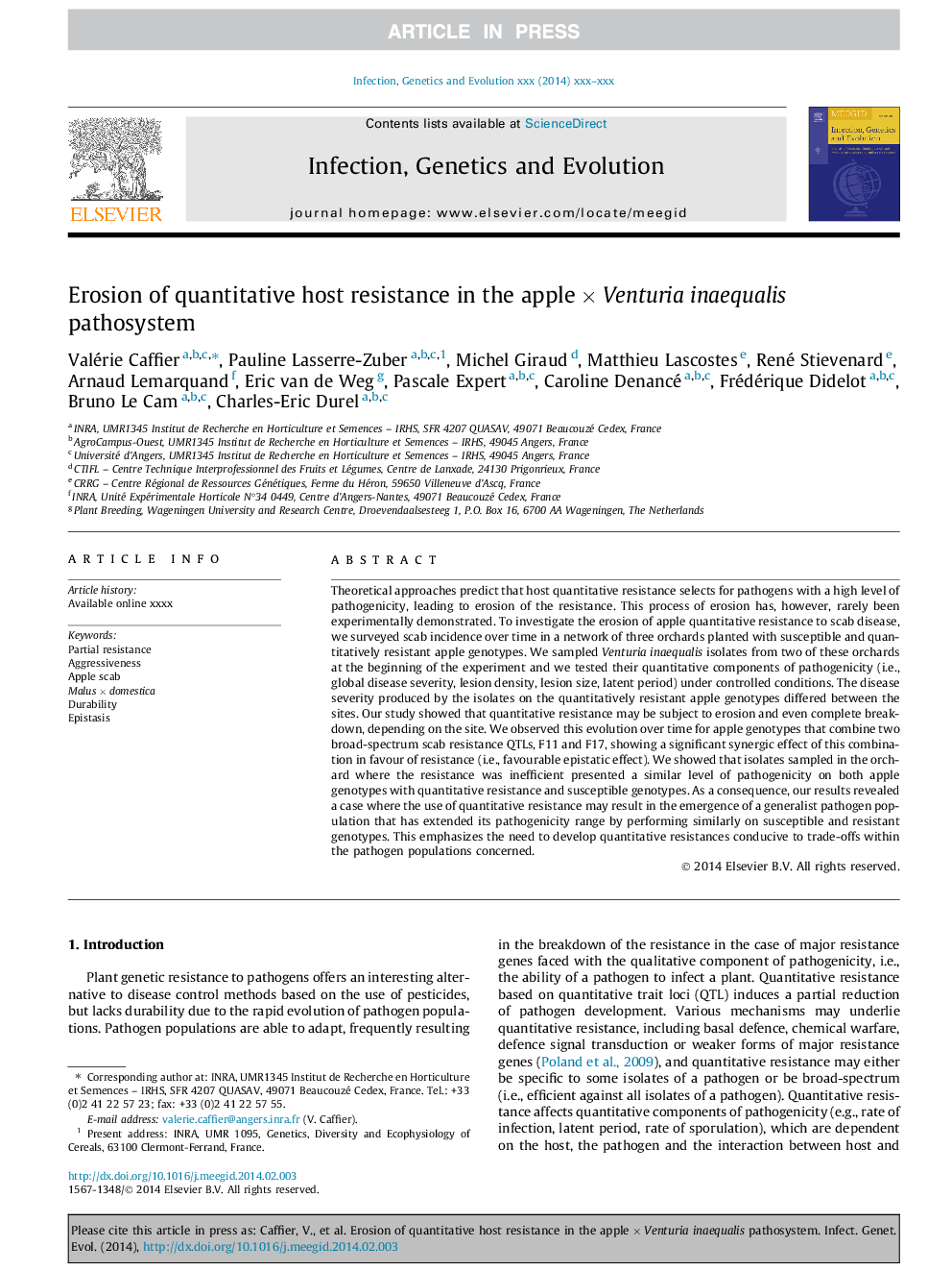 Erosion of quantitative host resistance in the appleÂ ÃÂ Venturia inaequalis pathosystem