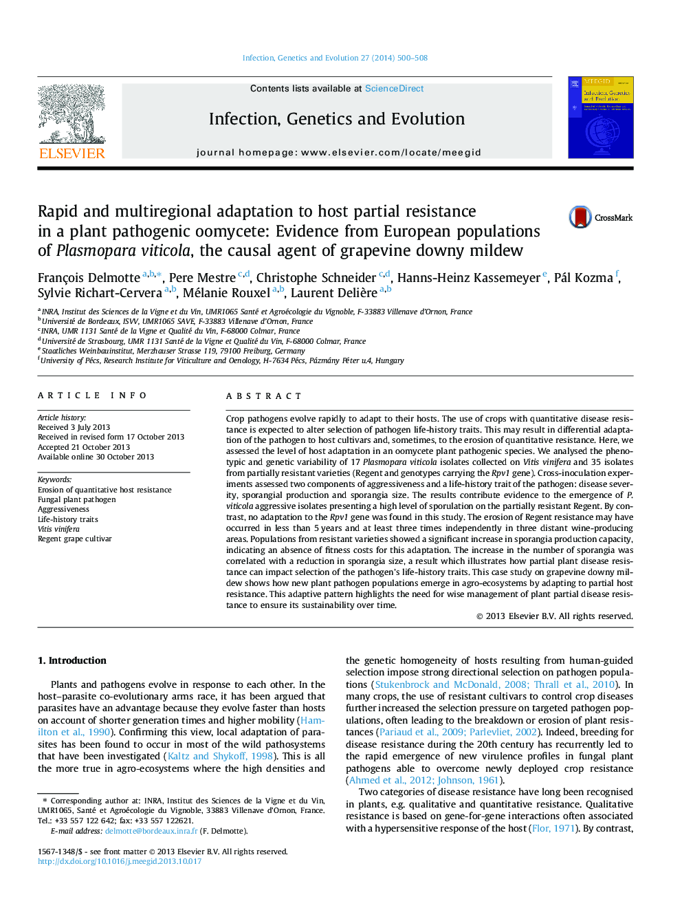 Rapid and multiregional adaptation to host partial resistance in a plant pathogenic oomycete: Evidence from European populations of Plasmopara viticola, the causal agent of grapevine downy mildew