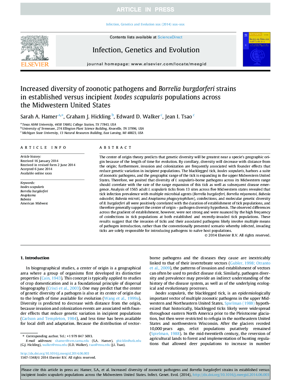 Increased diversity of zoonotic pathogens and Borrelia burgdorferi strains in established versus incipient Ixodes scapularis populations across the Midwestern United States