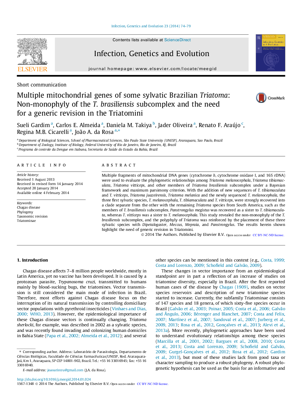 Multiple mitochondrial genes of some sylvatic Brazilian Triatoma: Non-monophyly of the T. brasiliensis subcomplex and the need for a generic revision in the Triatomini