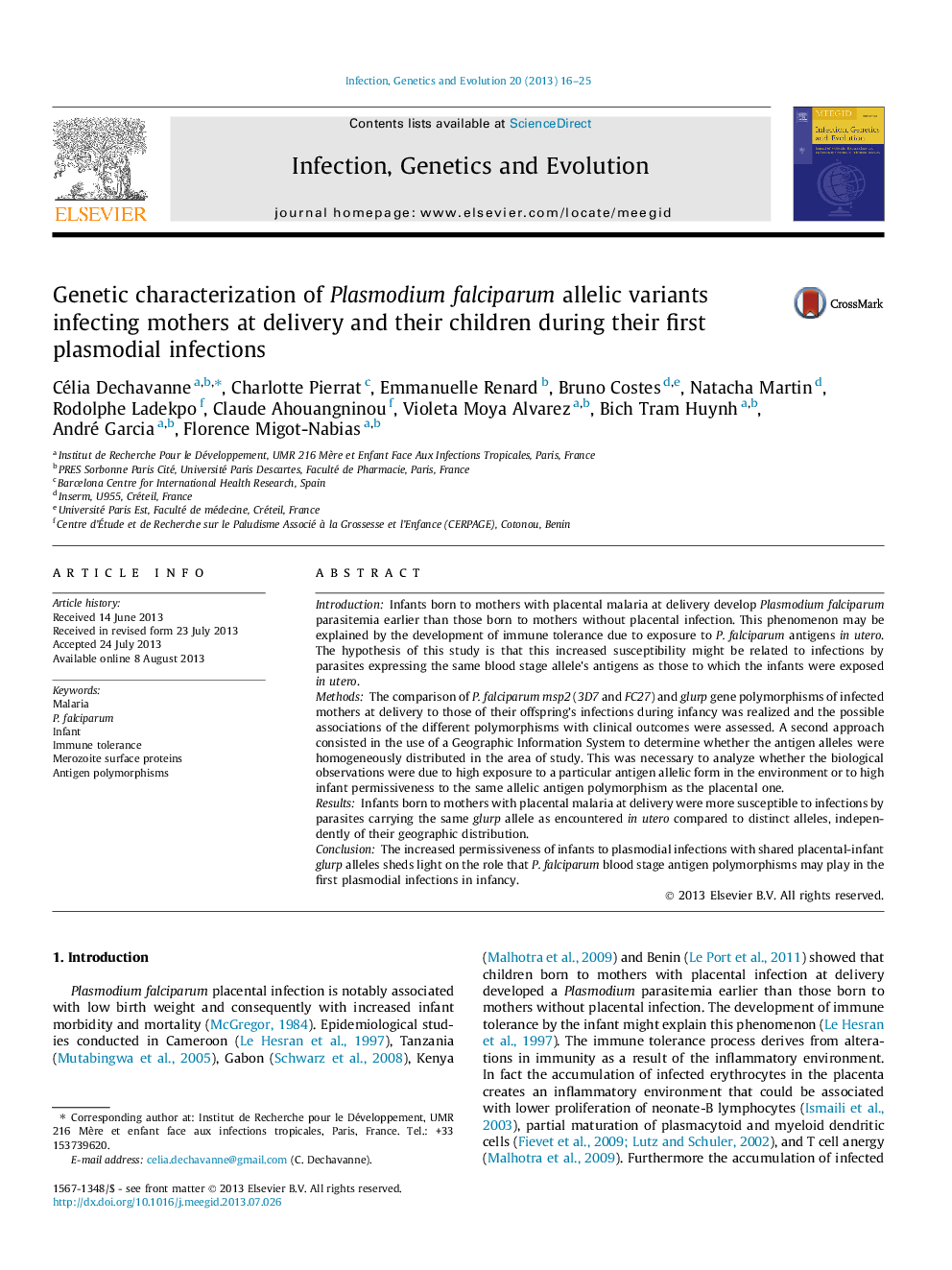 Genetic characterization of Plasmodium falciparum allelic variants infecting mothers at delivery and their children during their first plasmodial infections