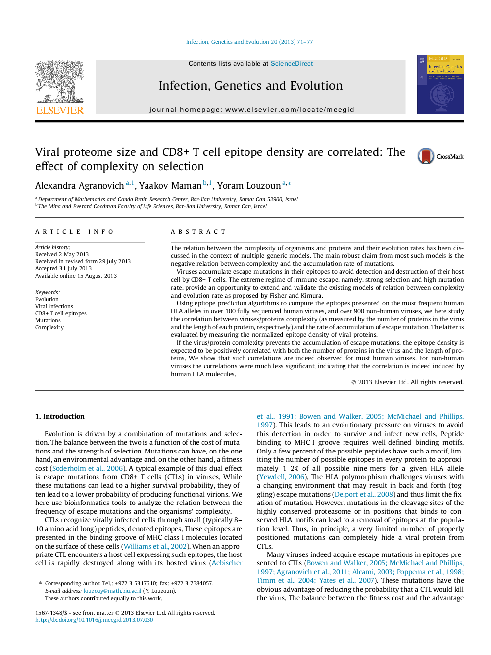 Viral proteome size and CD8+ T cell epitope density are correlated: The effect of complexity on selection