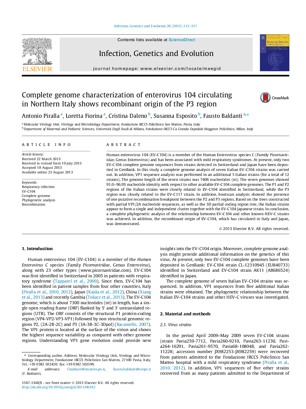 Complete genome characterization of enterovirus 104 circulating in Northern Italy shows recombinant origin of the P3 region