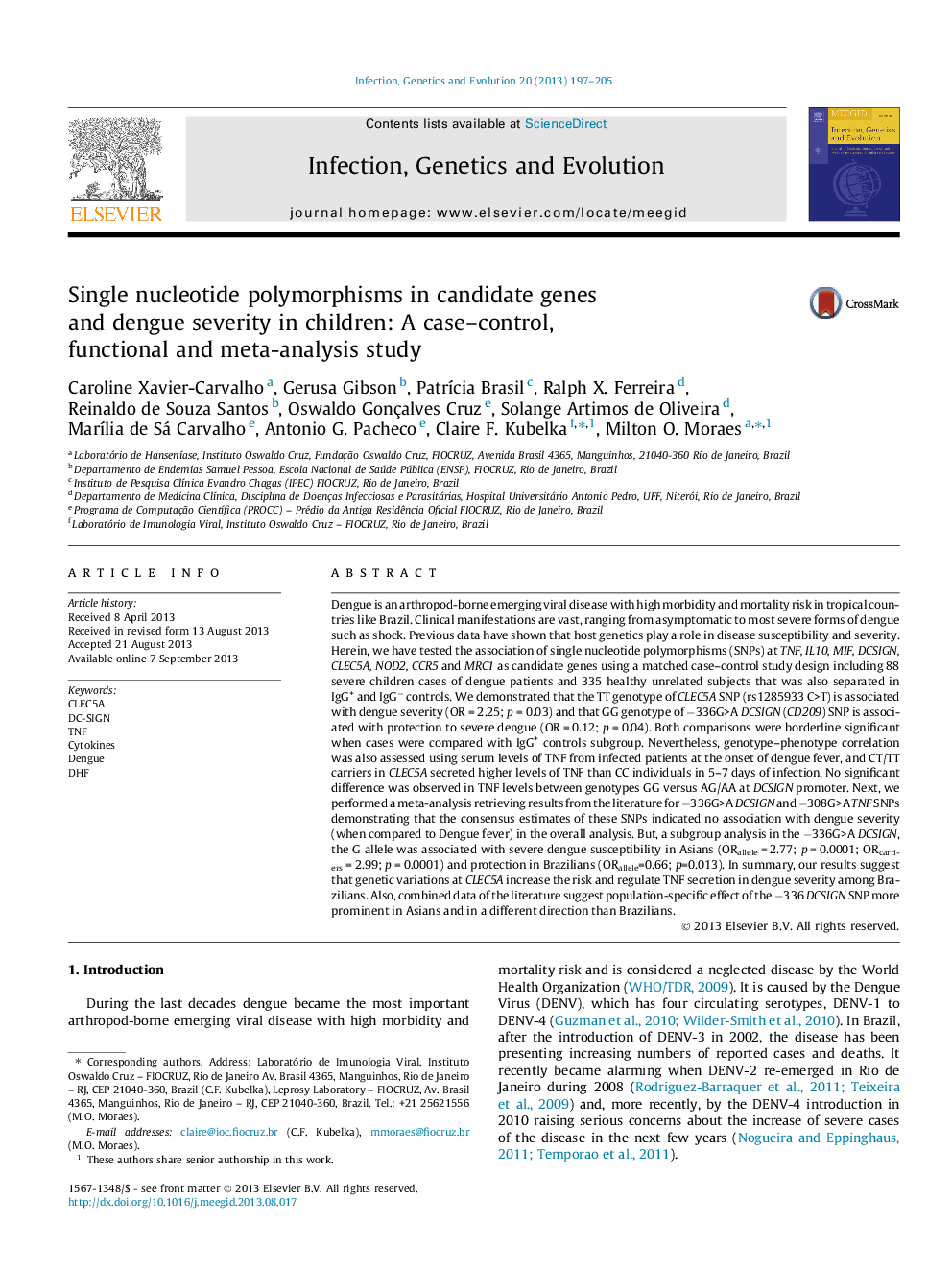 Single nucleotide polymorphisms in candidate genes and dengue severity in children: A case-control, functional and meta-analysis study