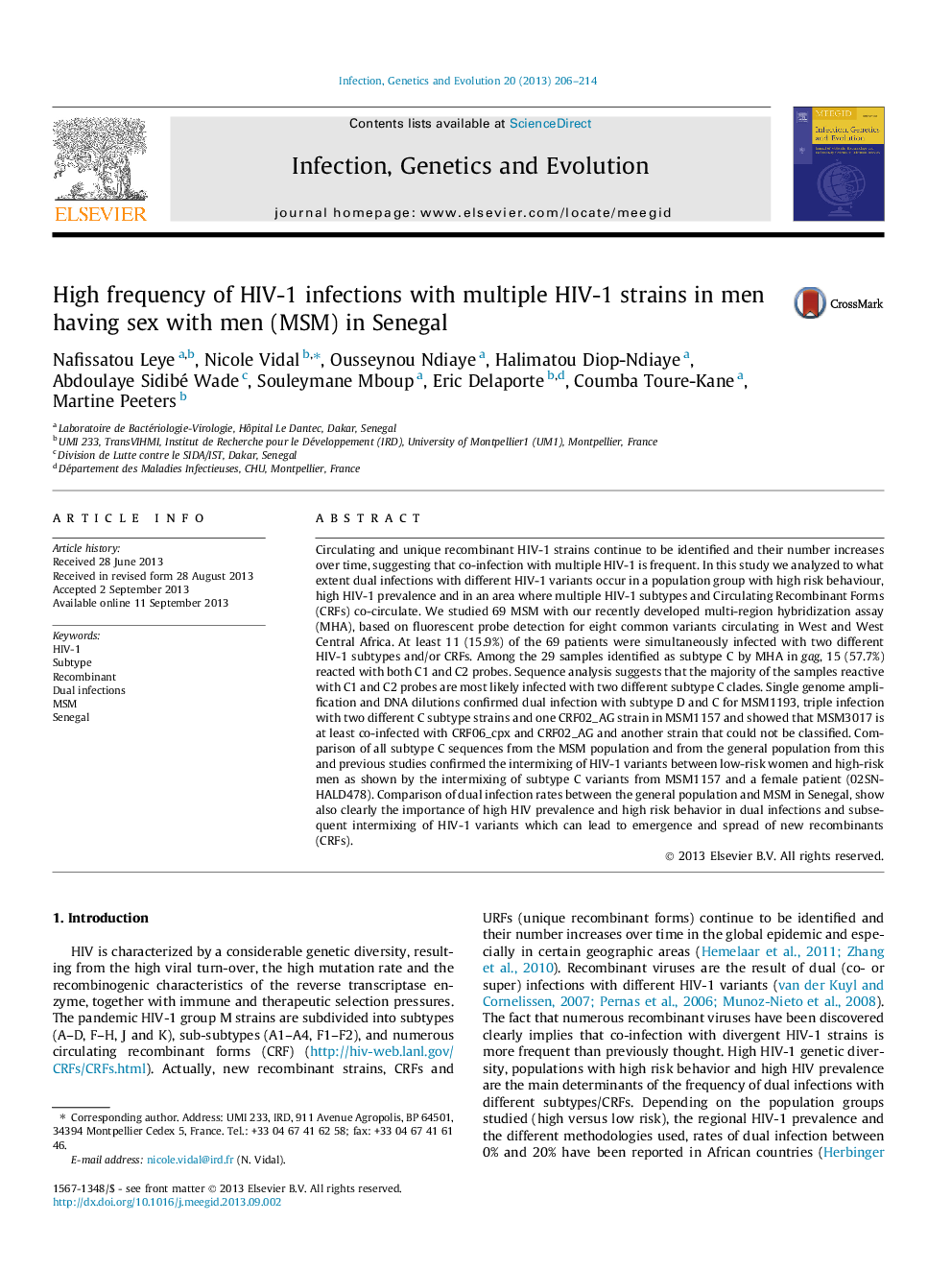 High frequency of HIV-1 infections with multiple HIV-1 strains in men having sex with men (MSM) in Senegal