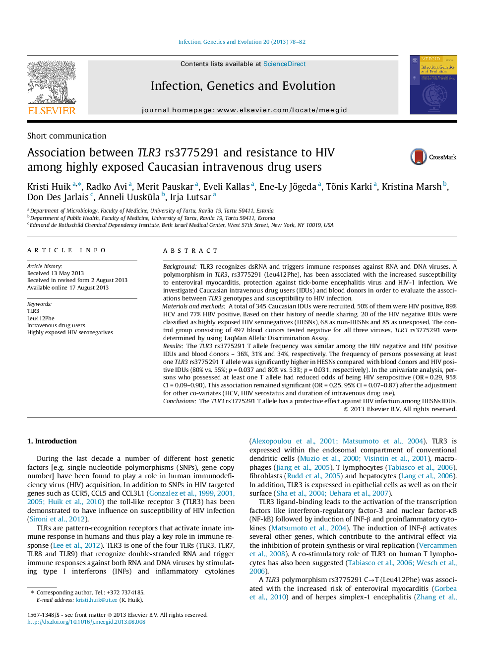 Association between TLR3 rs3775291 and resistance to HIV among highly exposed Caucasian intravenous drug users