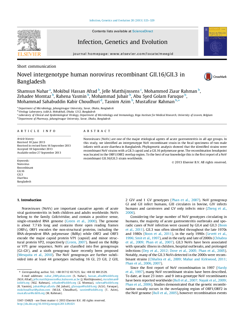 Novel intergenotype human norovirus recombinant GII.16/GII.3 in Bangladesh