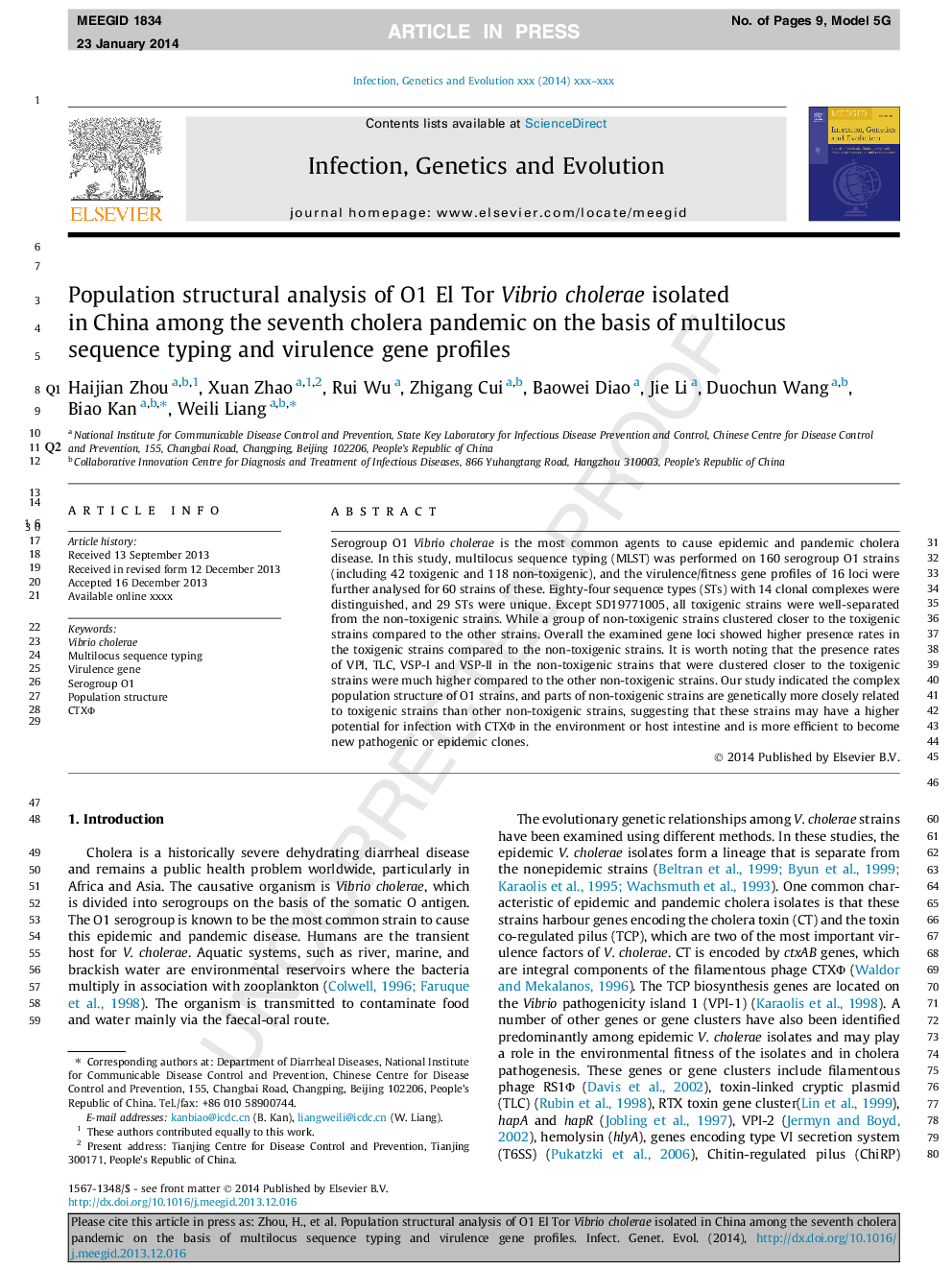 Population structural analysis of O1 El Tor Vibrio cholerae isolated in China among the seventh cholera pandemic on the basis of multilocus sequence typing and virulence gene profiles