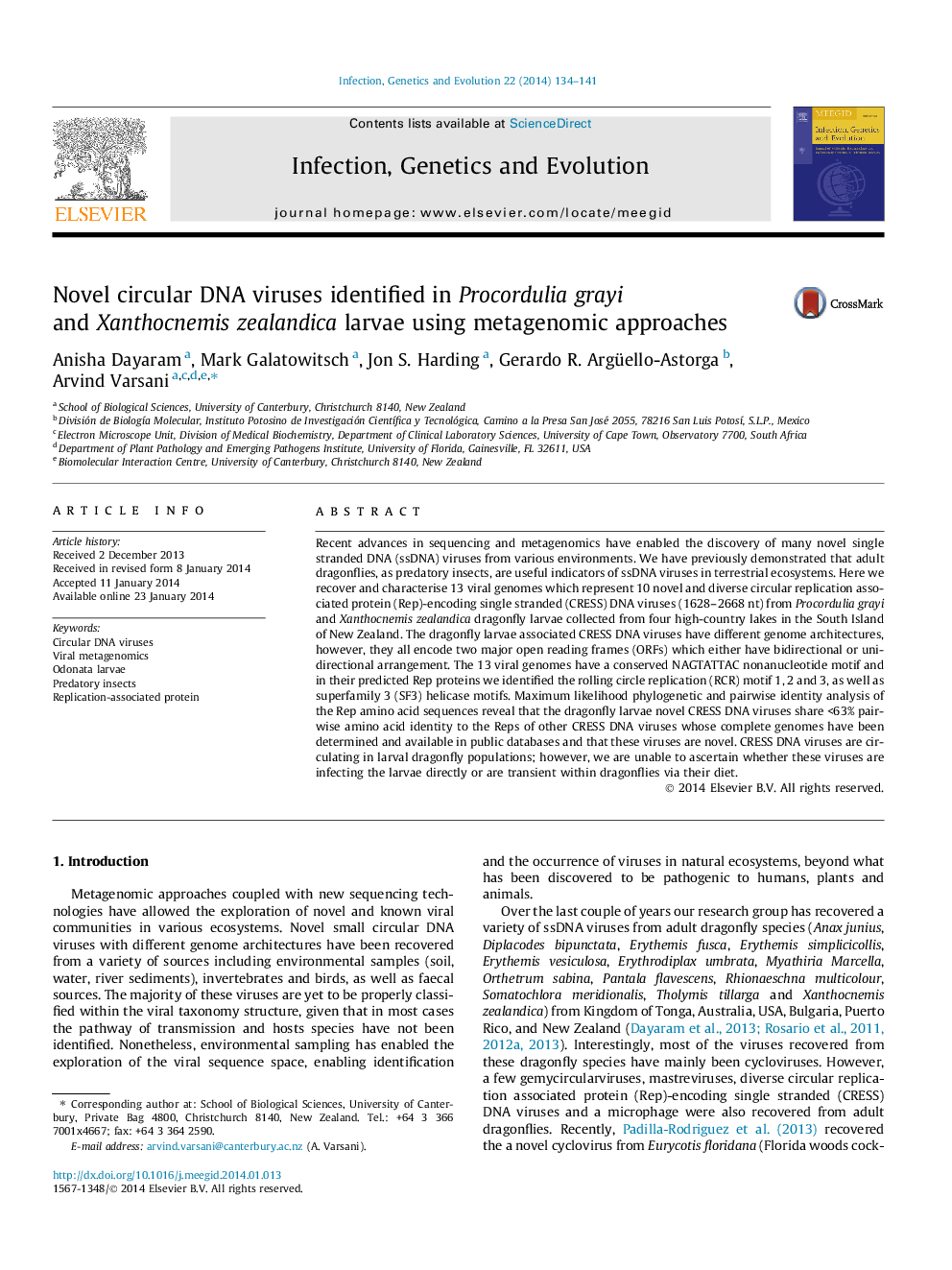 Novel circular DNA viruses identified in Procordulia grayi and Xanthocnemis zealandica larvae using metagenomic approaches