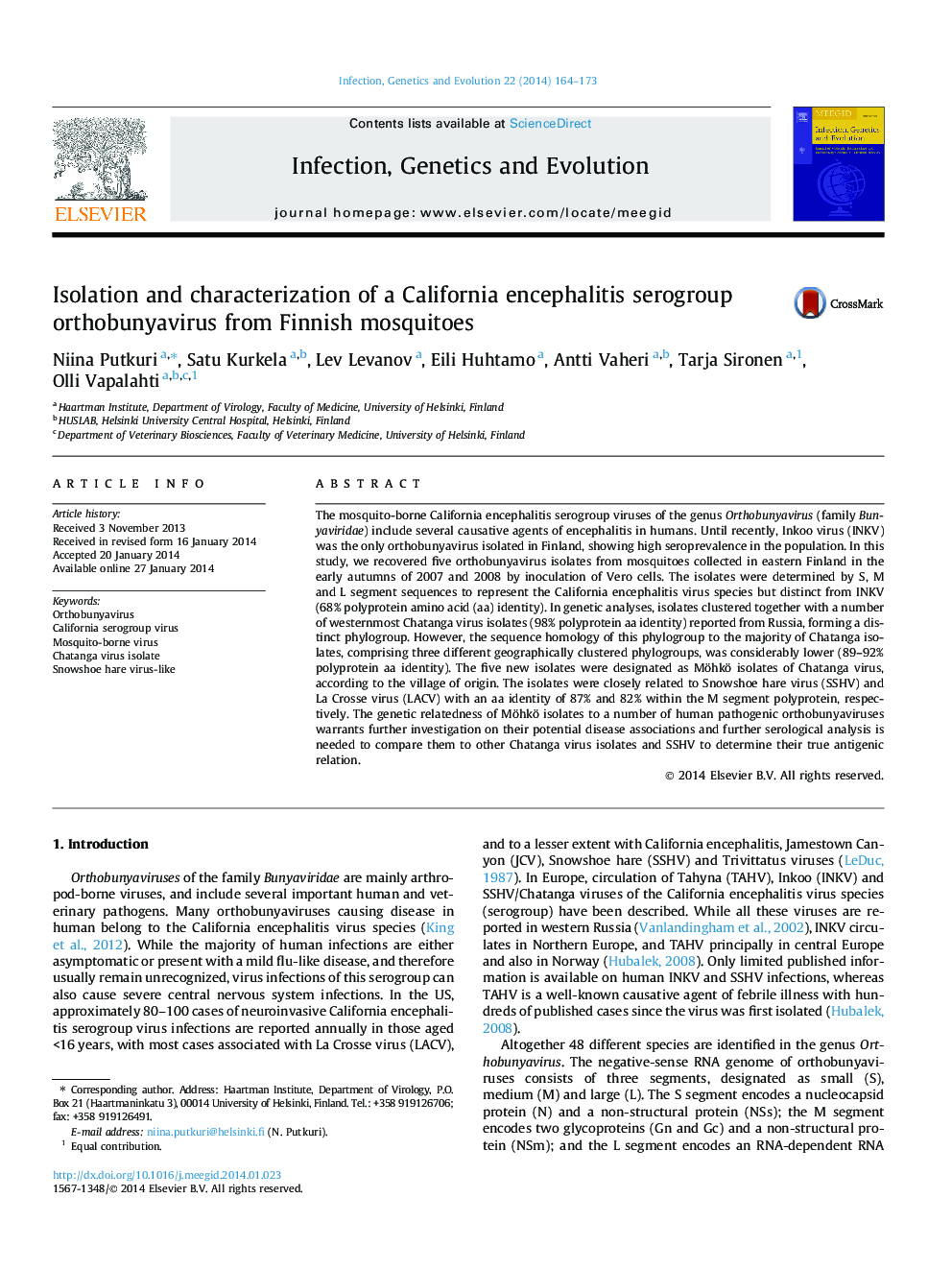 Isolation and characterization of a California encephalitis serogroup orthobunyavirus from Finnish mosquitoes