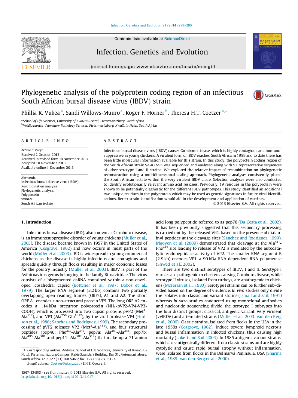 Phylogenetic analysis of the polyprotein coding region of an infectious South African bursal disease virus (IBDV) strain