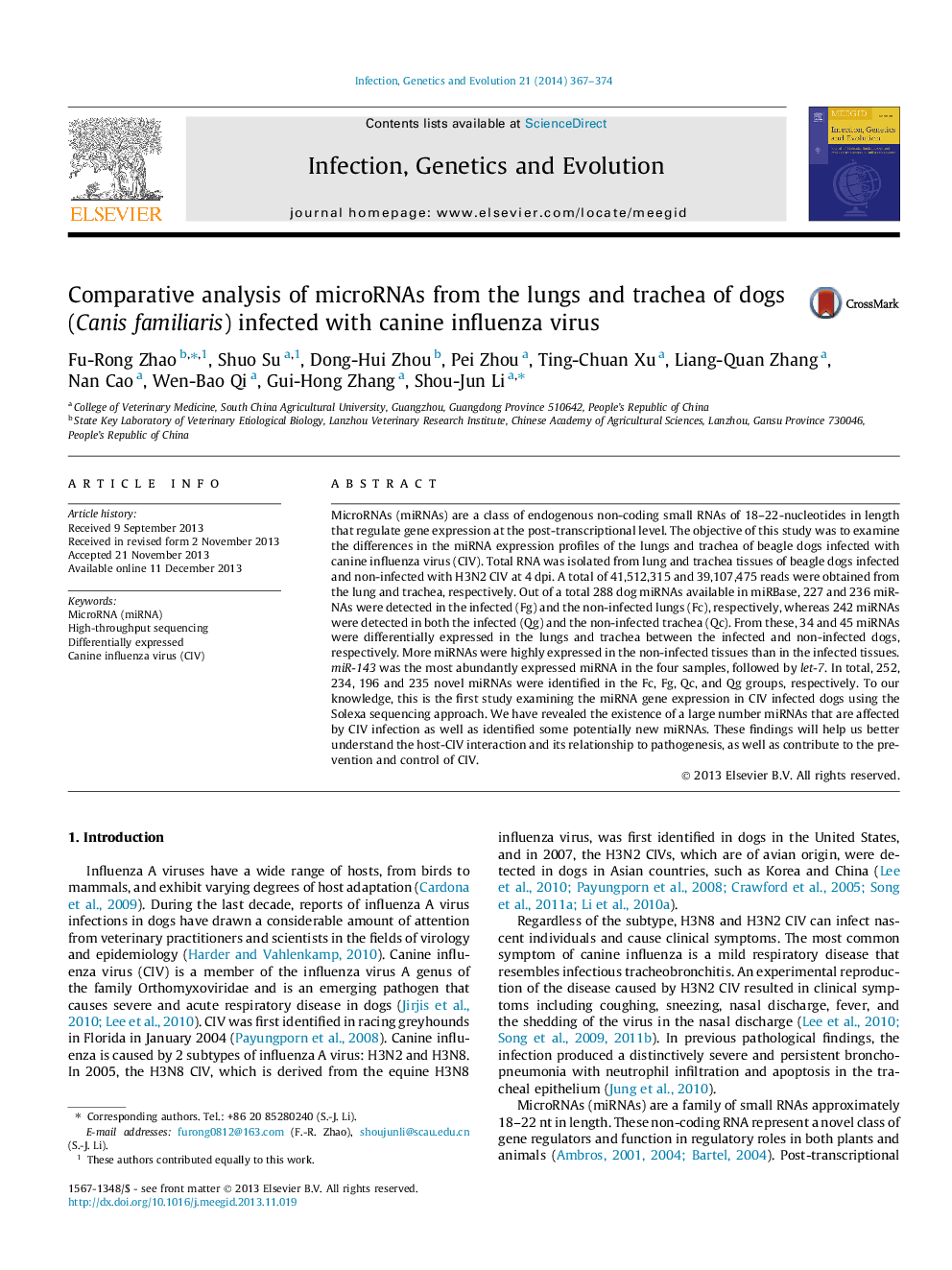 Comparative analysis of microRNAs from the lungs and trachea of dogs (Canis familiaris) infected with canine influenza virus