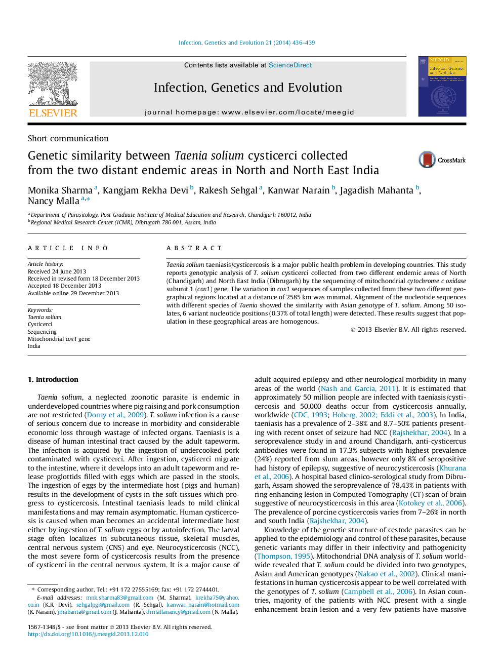 Short communicationGenetic similarity between Taenia solium cysticerci collected from the two distant endemic areas in North and North East India