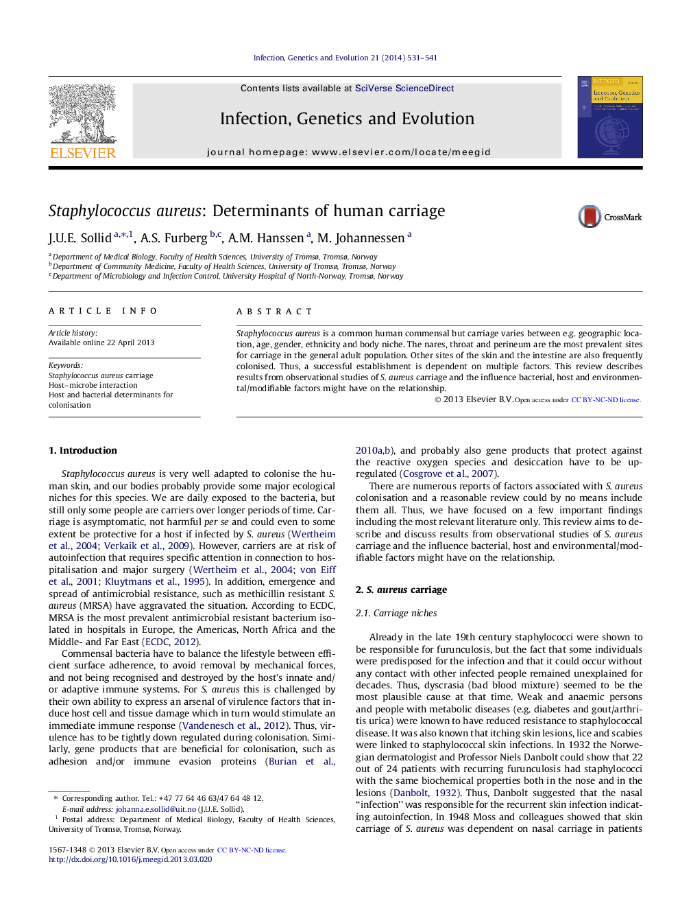 Staphylococcus aureus: Determinants of human carriage