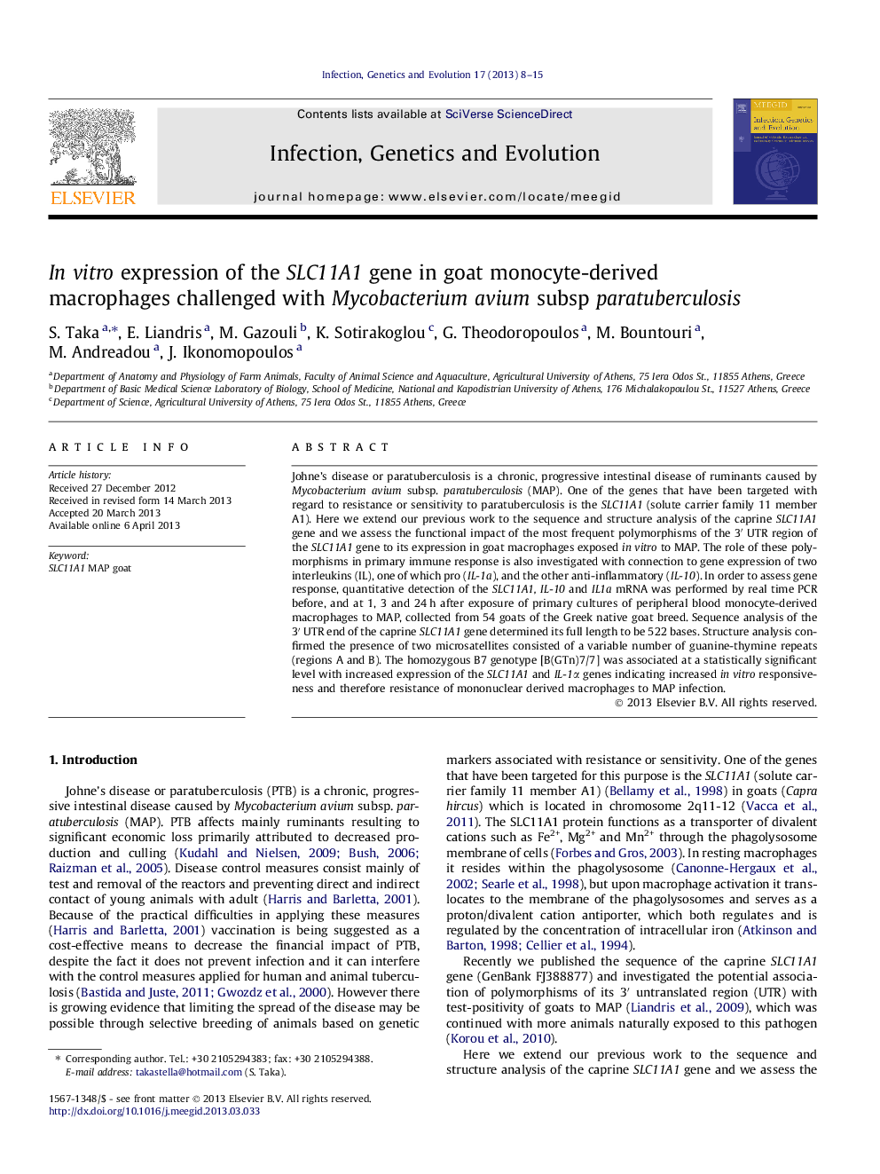عکس صفحه اول مقاله: In vitro expression of the SLC11A1 gene in goat monocyte-derived macrophages challenged with Mycobacterium avium subsp paratuberculosis In vitro expression of the SLC11A1 gene in goat monocyte-derived macrophages challenged with Mycobacterium avium subsp paratuberculosis