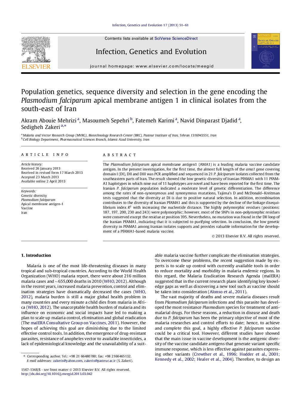 Population genetics, sequence diversity and selection in the gene encoding the Plasmodium falciparum apical membrane antigen 1 in clinical isolates from the south-east of Iran